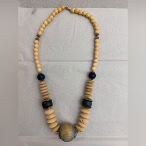Wood Bead Necklace with Navy Accent - Unbranded